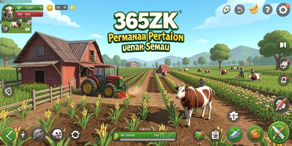 Screenshot menunjukkan pemain mengelola kebun dengan tanaman yang subur.