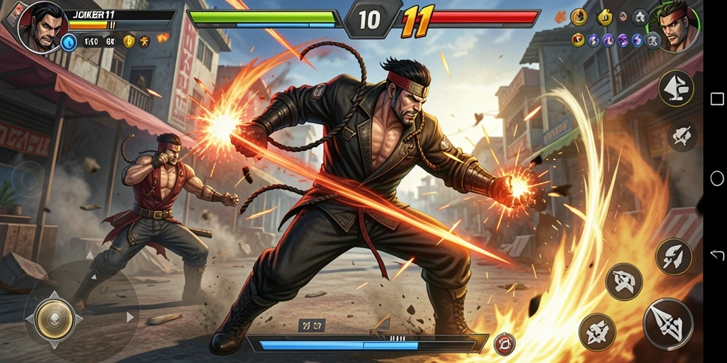 Screenshot gameplay JOKER11 menampilkan pertarungan epik antara karakter-karakter yang kuat.