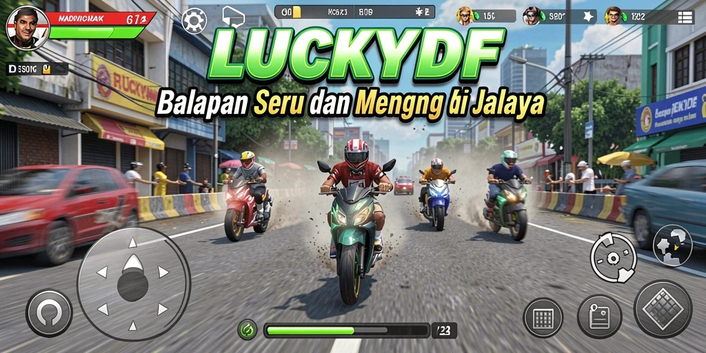 Tampilan gameplay LUCKYDF dengan mobil balap yang melaju kencang.