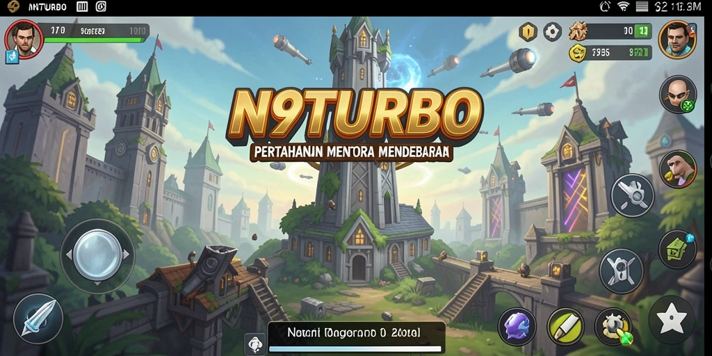 Screenshot gameplay N9TURBO yang menampilkan pertahanan menara yang epik.