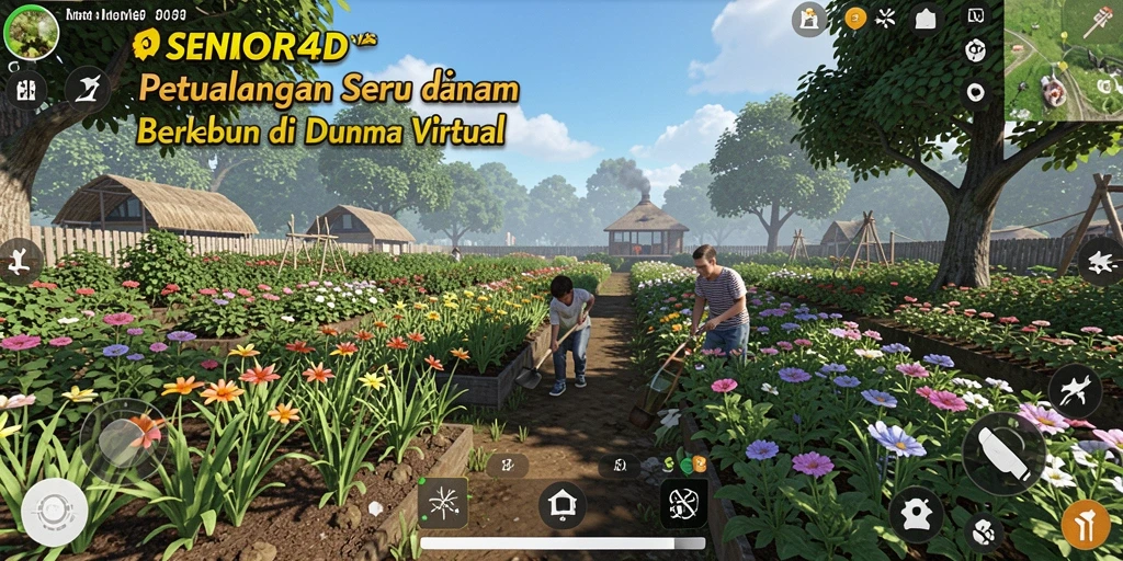Screenshot gameplay SENIOR4D menampilkan suasana berkebun yang indah dan interaktif.