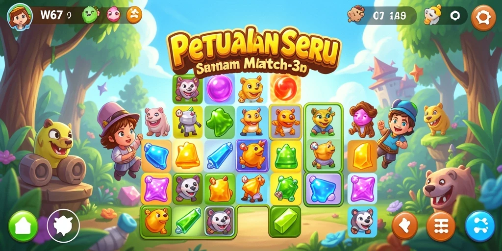 Tangkapan layar W67 menampilkan gameplay seru dalam pencocokan match-3.
